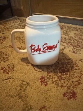 White Ceramic Mason-Style Mug with Red Script Accent
